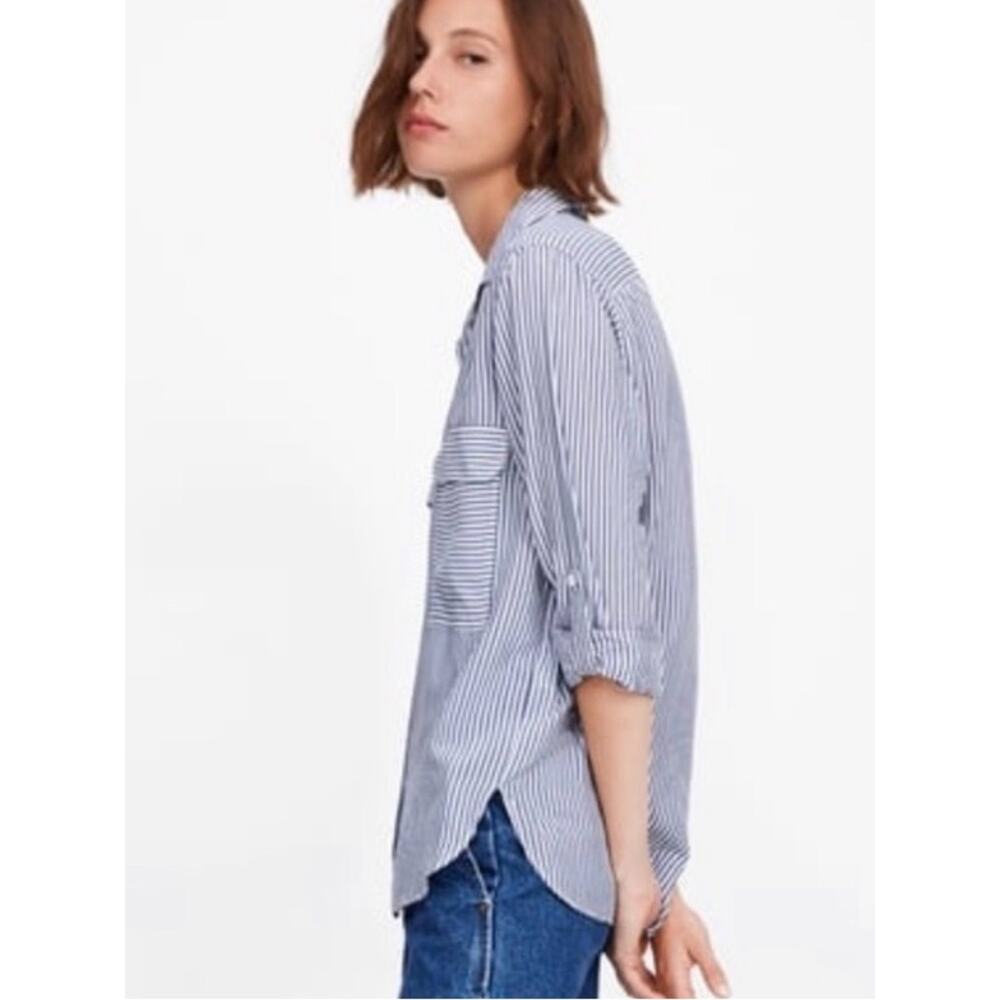 Zara Blue and White Striped Hi Low Button Down Shirt - Picture 5 of 7